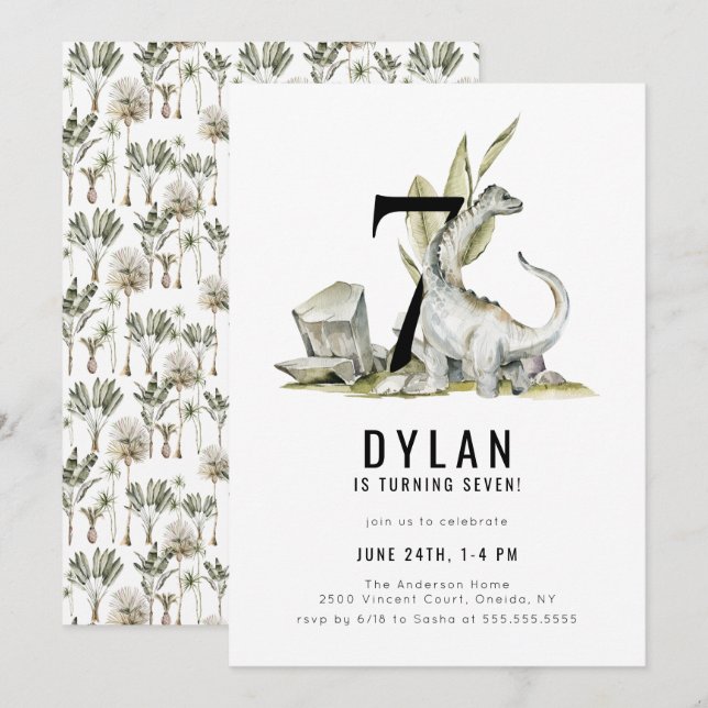 Invitación Tema de los dinosaurios Séptima fiesta de cumpleañ (Anverso / Reverso)