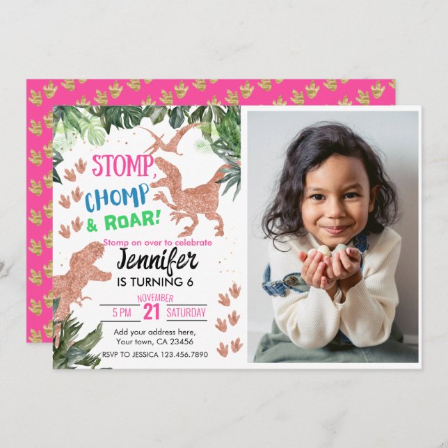 Invitación Tema de los dinosaurios T-Rex (Anverso / Reverso)