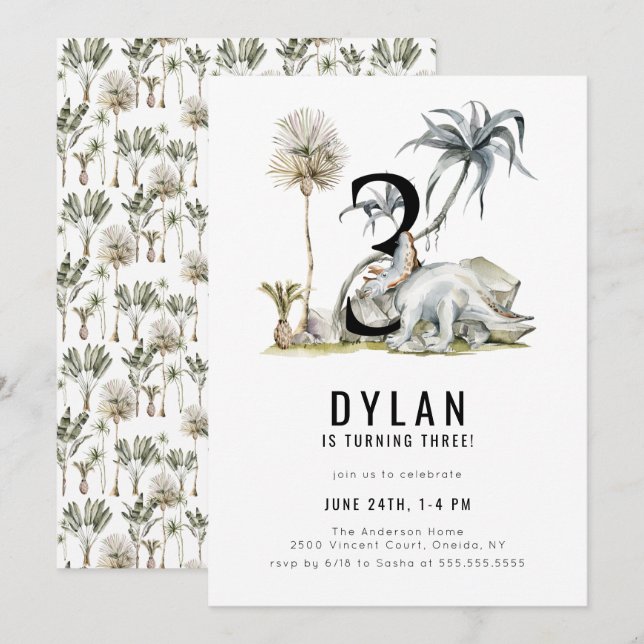Invitación Tema de los dinosaurios Tercer Fiesta de cumpleaño (Anverso / Reverso)