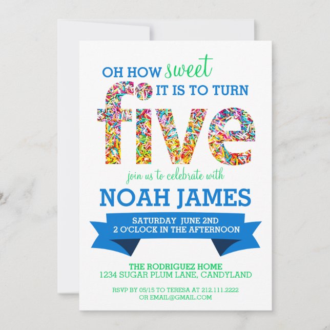 Invitación Tema de los dulces Fiesta de cumpleaños 5 salpicar (Anverso)