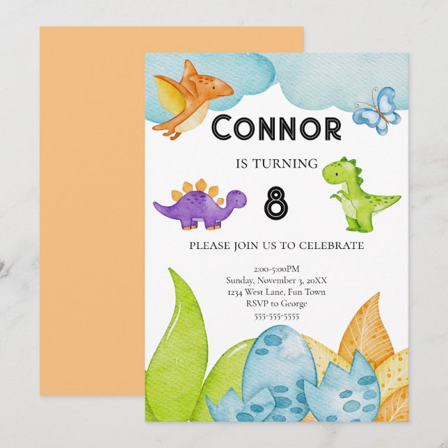 Invitación Tema de los niños Dinosaurios Cumpleaños Naranja J (Anverso / Reverso)