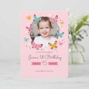 Invitación Tema de Mariposa Rosa con Foto Cumpleaños 1er