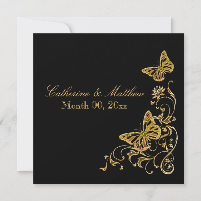 Invitación Tema de mariposas de casamiento de oro negro (Anverso)