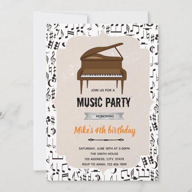 Invitación Tema de música de piano para fiesta de cumpleaños (Anverso)