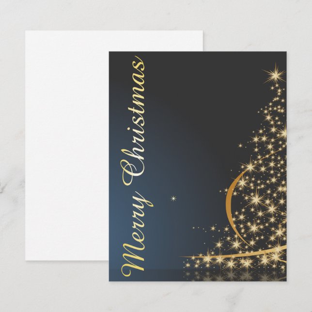 Invitación Tema de Navidad Azul con árbol de Navidad dorado (Anverso / Reverso)