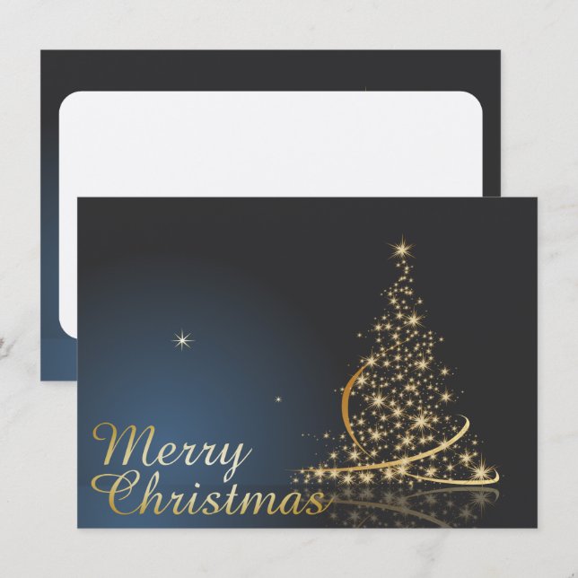 Invitación Tema de Navidad Azul con árbol de Navidad dorado (Anverso / Reverso)