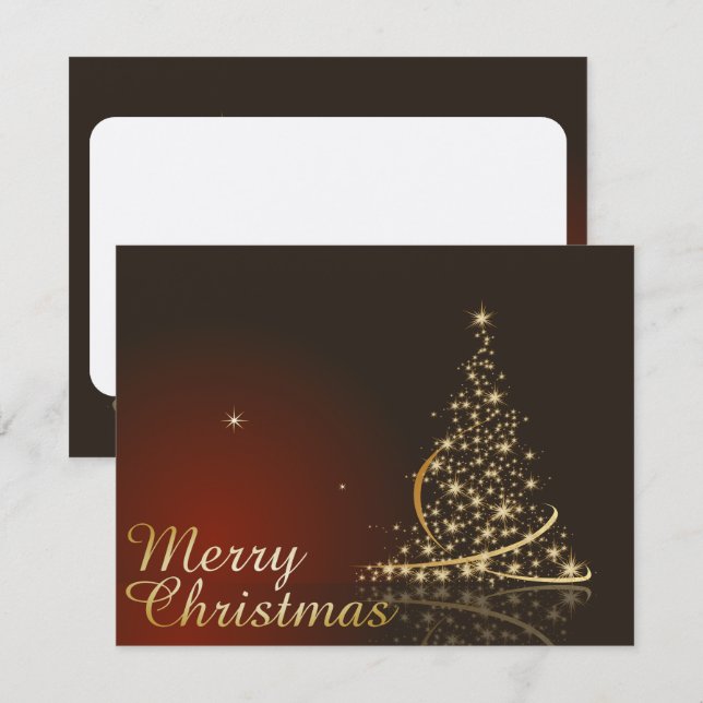 Invitación Tema de Navidad Rojo con árbol de Navidad dorado (Anverso / Reverso)