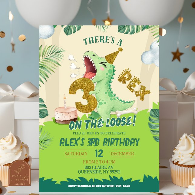 Invitación Tema de Niño Verde Dinosaurio Tercer Cumpleaños Re (Subido por el creador)