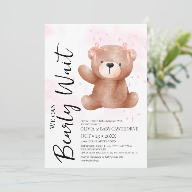 Invitación Tema de oso lindo para ducha de bebé niña  (Anverso de pie)