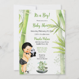Invitación Tema de Panda y Bambú Niño Negro Blanco Verde