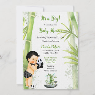 Invitación Tema de Panda y Bambú Niño Negro Blanco Verde