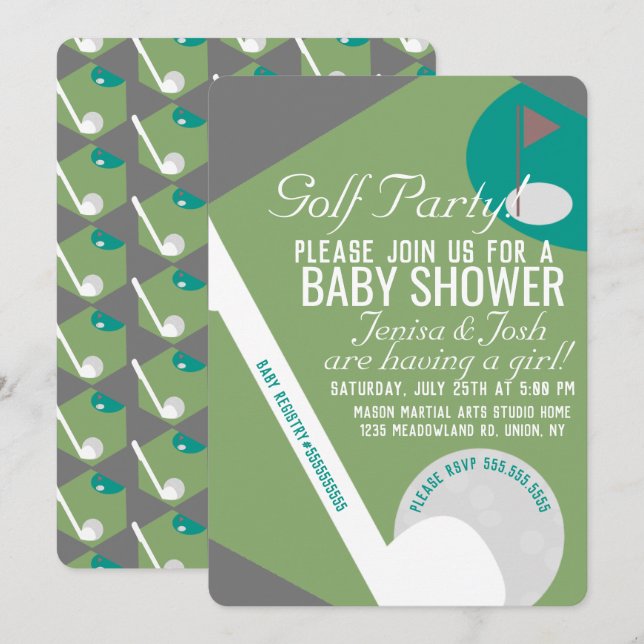Invitación Tema de pelota de golf moderna para baby shower de (Anverso / Reverso)