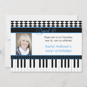 Invitación Tema de piano negro azul Cumpleaños dulces 16