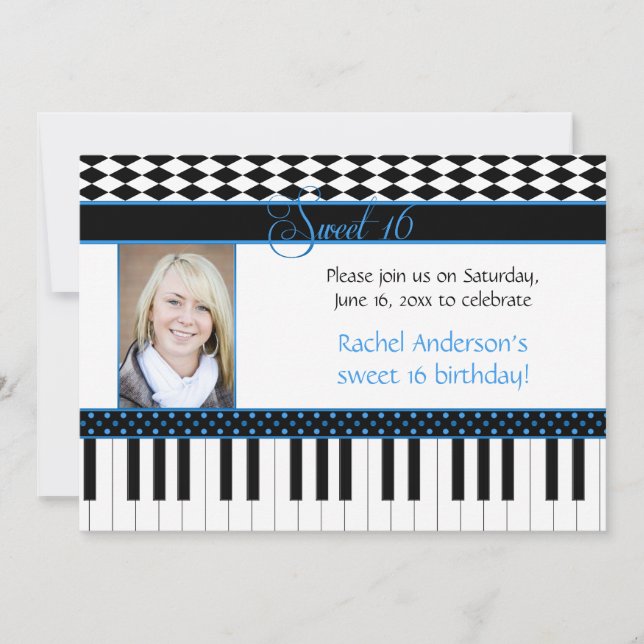 Invitación Tema de piano negro azul Cumpleaños dulces 16 (Anverso)