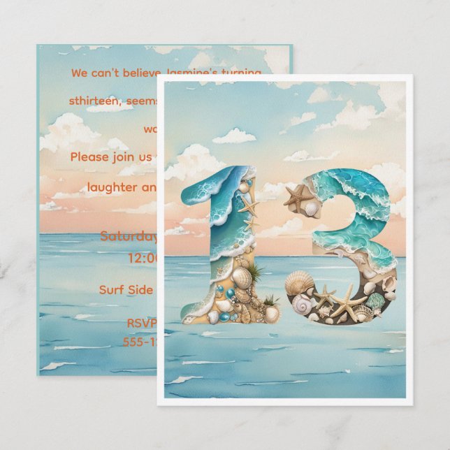 Invitación Tema de playa trece Descarga digital (Anverso / Reverso)