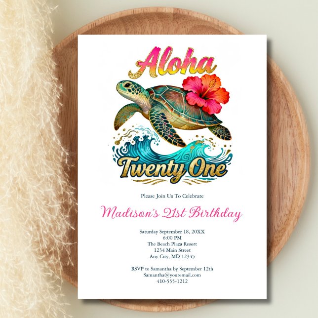 Invitación Tema de playa tropical de cumpleaños 21 (21st Birthday party invitation. Aloha Twenty One, Beach Ocean Tropical theme, Digital or printed)