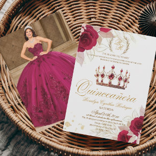 Invitación Tema de Quinceanera Roja Tiara Floral Foto Cumplea
