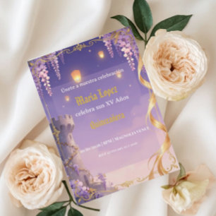 Invitación Tema de Rapunzel Quinceañera Morado Dorado Princes