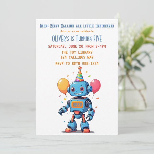Invitación tema de robot con globos acuarela (Anverso de pie)
