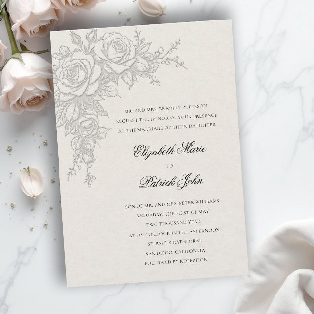 Invitación Tema de Rosa Atemporal Ecru Formal Clásico Boda (formal traditional wedding invitation roses theme floral modern classic luxury ecru neutral cream)