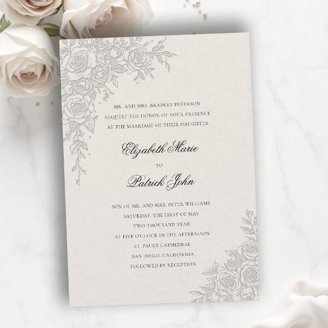 Invitación Tema de Rosa Elegante Formal Clásico Boda Ecru (formal traditional wedding invitation roses theme floral frame modern classic luxury pure ecru)
