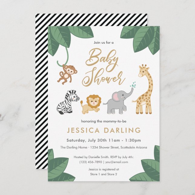 Invitación Tema de Safari Baby Shower con animales adorables  (Anverso / Reverso)