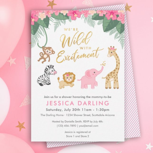 Invitación Tema de Safari Baby Shower con animales adorables  (Wild With Excitement Baby Shower)
