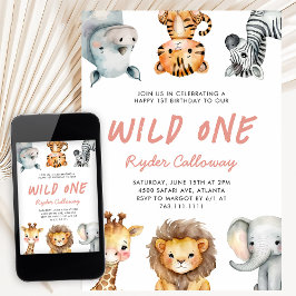 Invitación Tema de Safari para Cumpleaños de Niña de Un Año