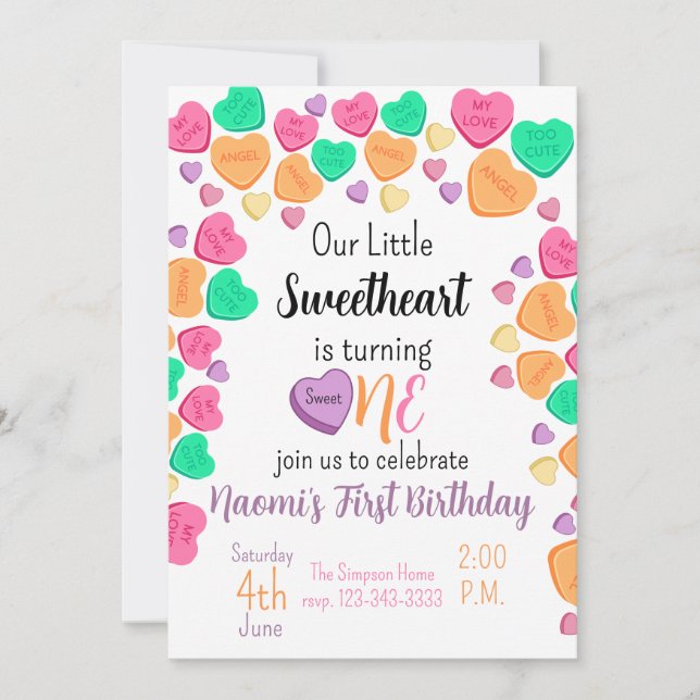 Invitación Tema de San Valentín 1º cumpleaños (Anverso)