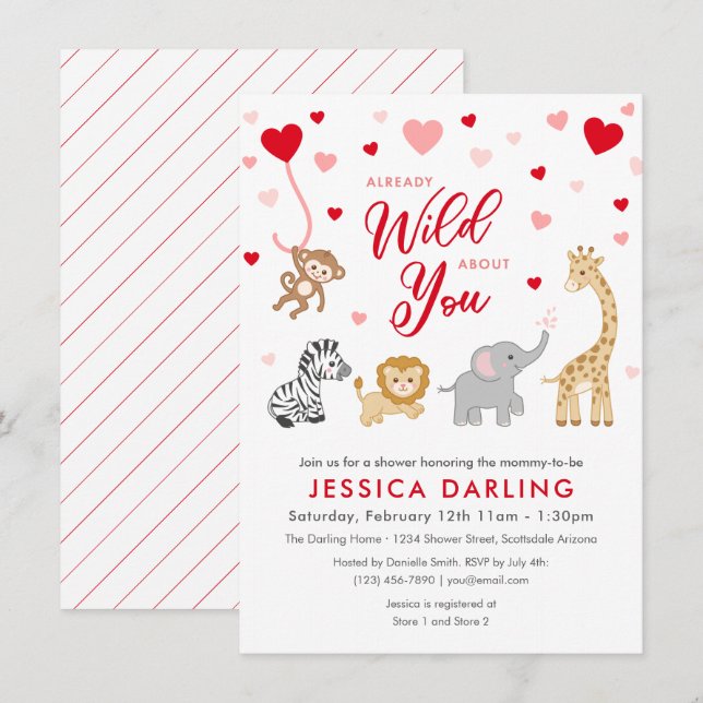 Invitación Tema de San Valentín Safari en Baby Shower (Anverso / Reverso)
