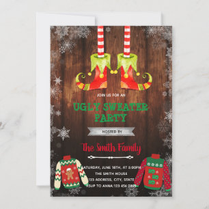 Invitación tema de suéter feo de elfo de Navidad