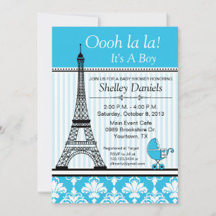 Invitación Tema de Torre Eiffel de París Baby Shower Azul