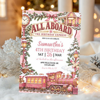 Invitación Tema de tren de invierno rosa Todo a bordo Cumplea
