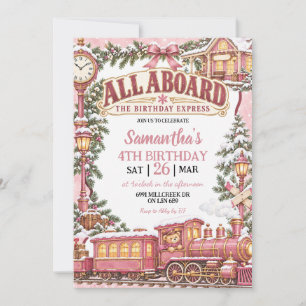 Invitación Tema de tren de invierno rosa Todo a bordo Cumplea