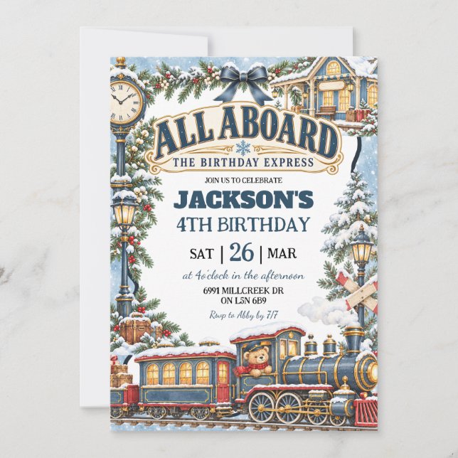 Invitación Tema de Tren de Invierno Todos a Bordo Cumpleaños  (Anverso)