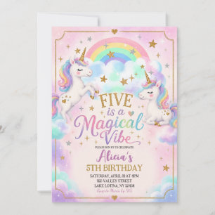 Invitación Tema de Unicornio Cinco es un Cumpleaños Mágico 5
