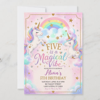 Invitación Tema de Unicornio Cinco es un Cumpleaños Mágico 5