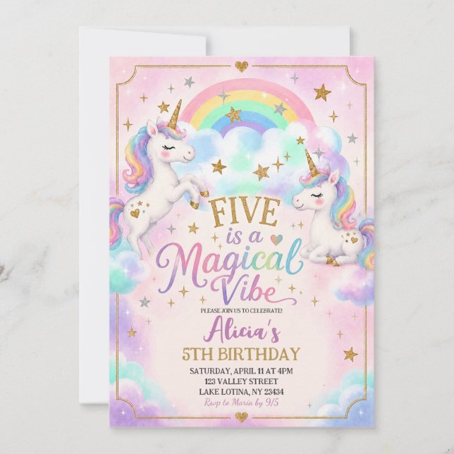 Invitación Tema de Unicornio Cinco es un Cumpleaños Mágico 5 (Anverso)