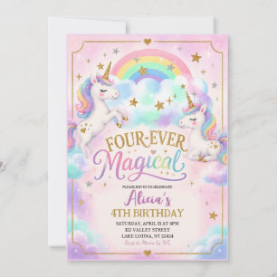 Invitación Tema de Unicornio Cuatro-siempre Mágico Cumpleaños
