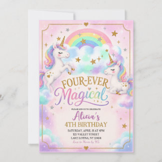 Invitación Tema de Unicornio Cuatro-siempre Mágico Cumpleaños