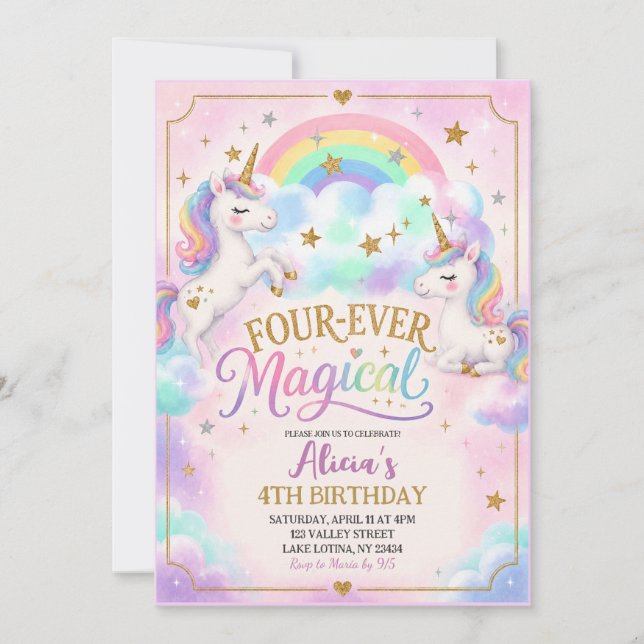 Invitación Tema de Unicornio Cuatro-siempre Mágico Cumpleaños (Anverso)