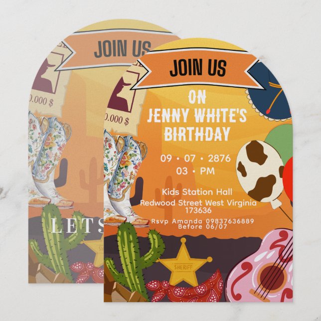 Invitación Tema de vaquero y vaquera  (Anverso / Reverso)