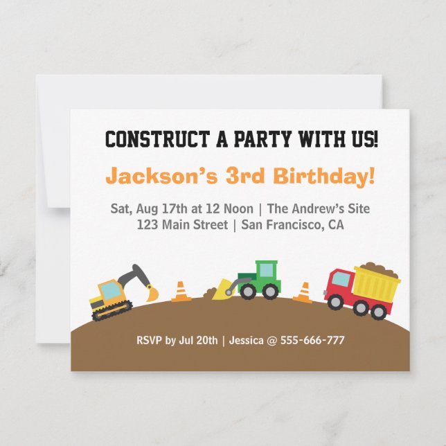 Invitación Tema de Vehículos de Construcción para Cumpleaños  (Anverso)