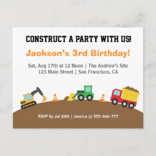 Invitación Tema de Vehículos de Construcción para Cumpleaños 