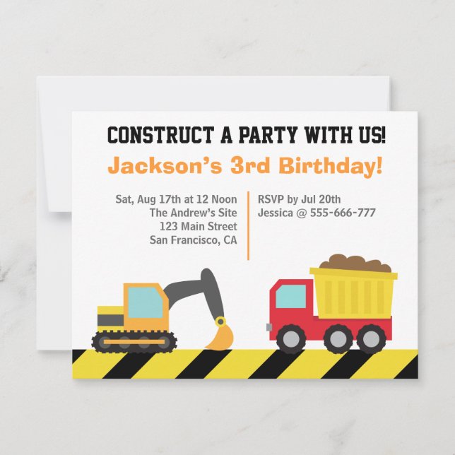 Invitación Tema de Vehículos de Construcción para Cumpleaños  (Anverso)