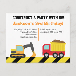 Invitación Tema de Vehículos de Construcción para Cumpleaños 