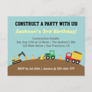 Invitación Tema de vehículos de construcción para niños Cumpl