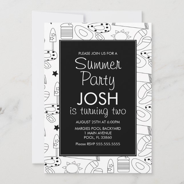 Invitación Tema de verano de playa Doodle Fiesta de cumpleaño (Anverso)