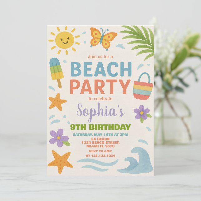 Invitación Tema de verano divertido con olas, sol y juego (Anverso de pie)