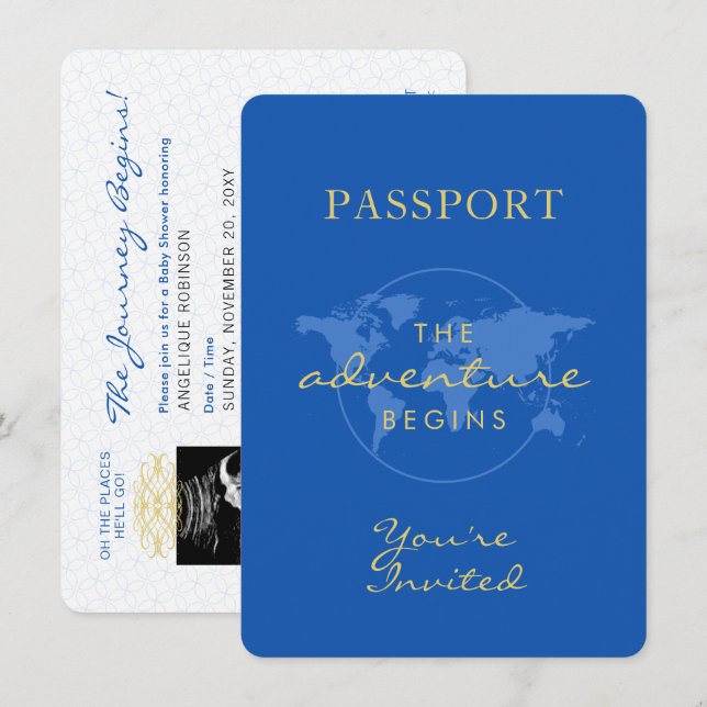 Invitación Tema de viaje de Baby Shower Passport Dusty Blue (Anverso / Reverso)
